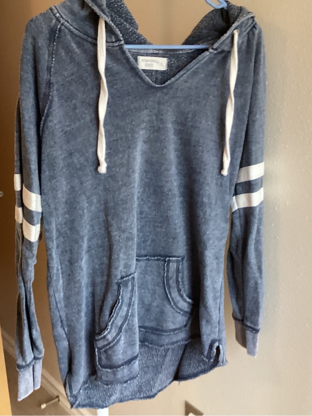 Ocean Drive Washed Blue Crewneck Hoodie with White Sleeve Stripes